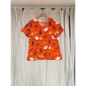 ScrubStar Halloween Scrub Top Large Orange Cats Ghosts Pumpkin Nurse V Neck